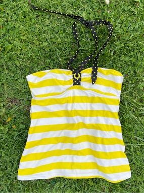 Yellow and White Striped Halter Tankini Top with Polka Dot Tie Y2K